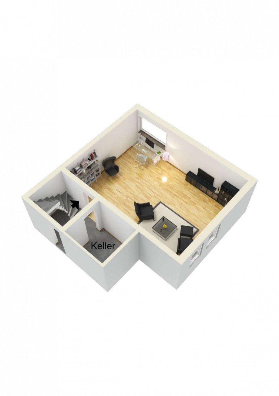 Grundriss 3D Hobbyraum m�blier Maisonettewohnung Ratingen