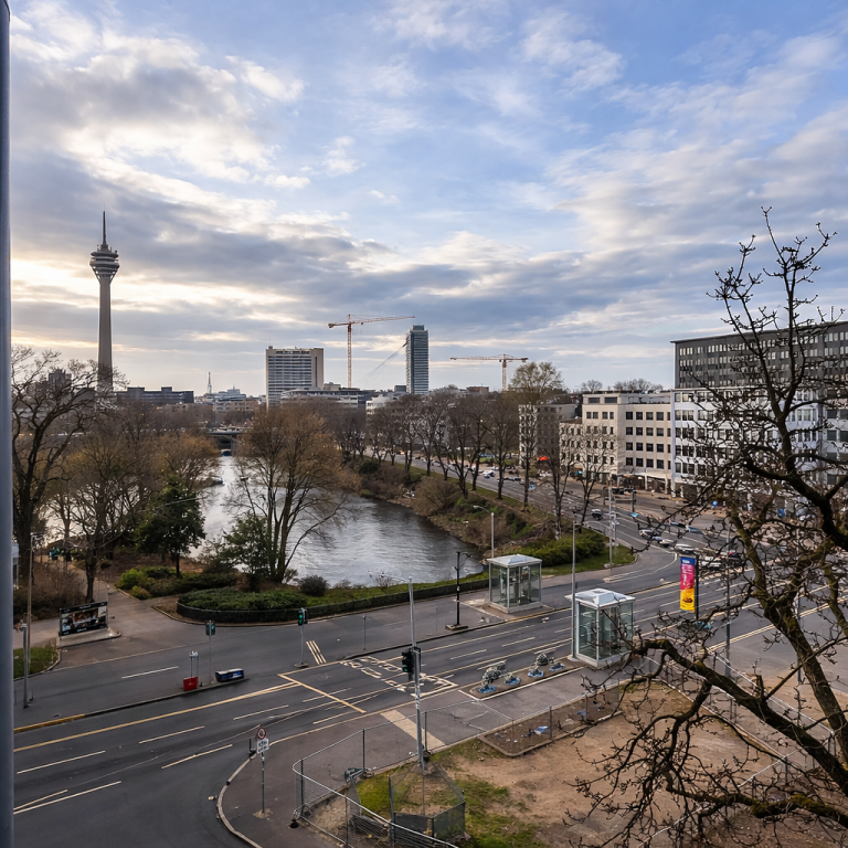 Ausblick Wohnzimmer D�sseldorf Etagenwohnung Erstbezug nach Sanierung - Urbanes Wohnen mit spektakul�rem Rheinturm-Blick