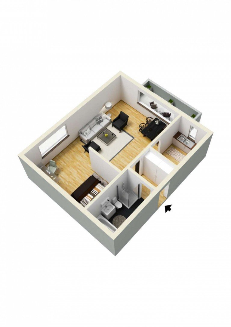 Grundriss 3D D�sseldorf Etagenwohnung Kapitalanlage oder Selbstnutzer - ruhiges 1 Zimmer Appartement mit Balkon u. TG Stellplatz zu kaufen